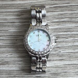 Fossil Silver Mother-of-Pearl Dial Watch with Crystal Accents